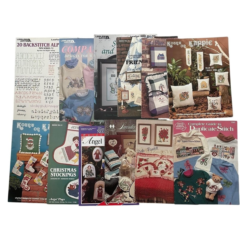 Lot 12 Cross‎ Stitch Patterns Books Pillows Alphabet Christmas Roses Vintage 90s